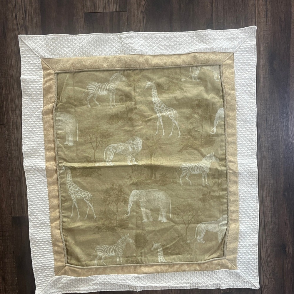 Safari Animal Toile Baby Blanket Quilted Gold Jacquard Border Olive White 36x34